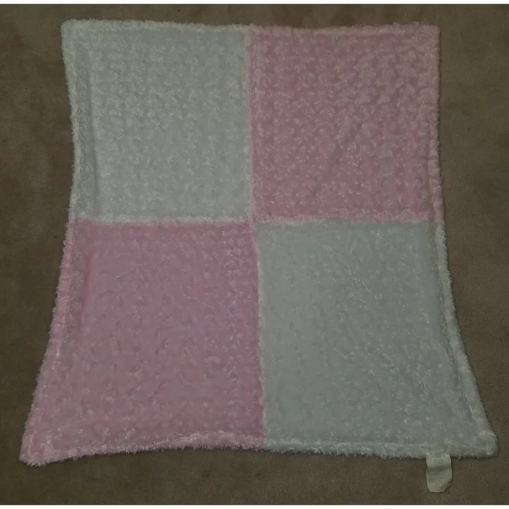 Baby by Bon Bebe Pink White Patchwork Fleece Baby Blanket Lovey SOFT 30x34